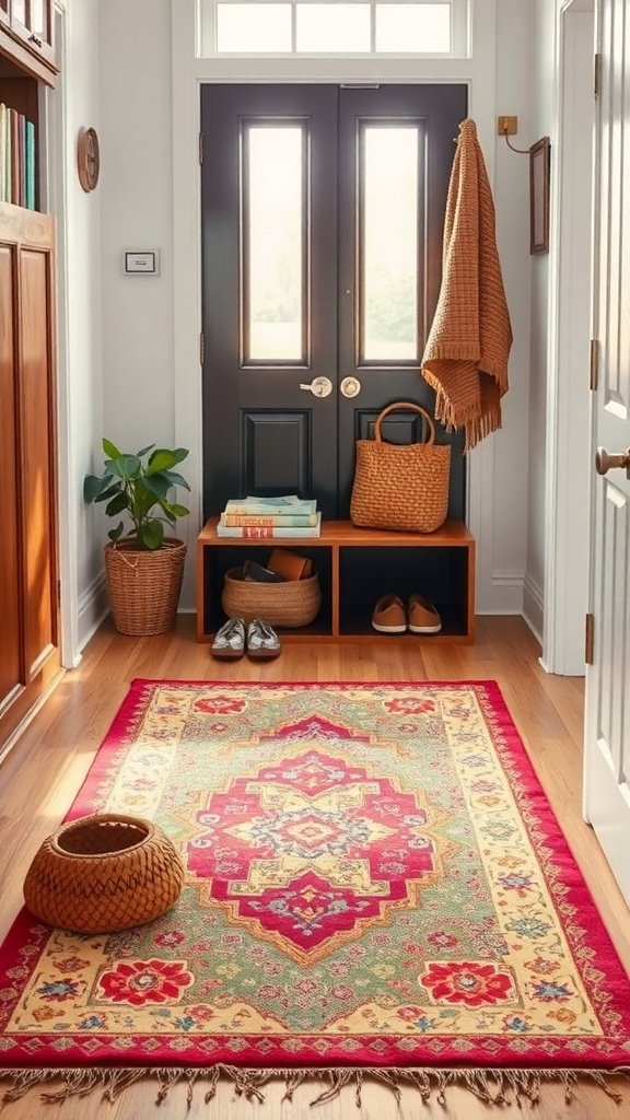 A vibrant area rug in an entryway with shoes beside it.
