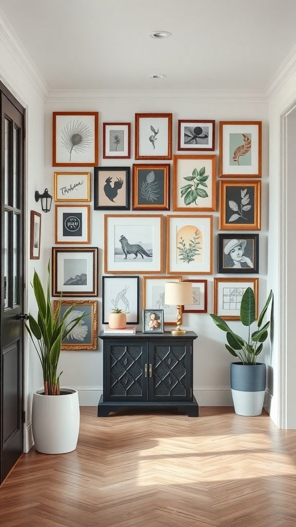 A stylish entryway featuring a gallery wall of framed art, a black cabinet, and potted plants.