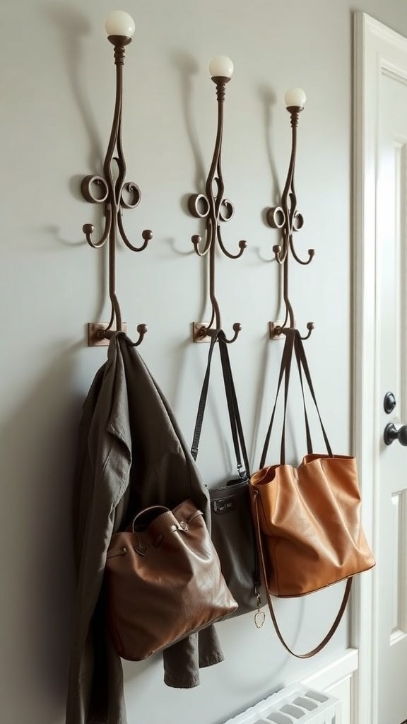 A wall with multiple black coat hooks holding various coats and bags.