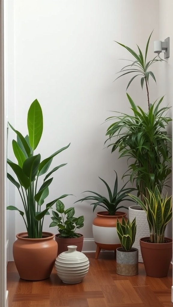 A variety of potted plants in an entryway, showcasing different sizes and styles.