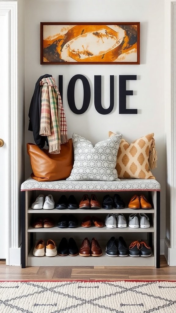 A stylish entryway bench with shoe storage underneath, decorated with pillows and a bag.