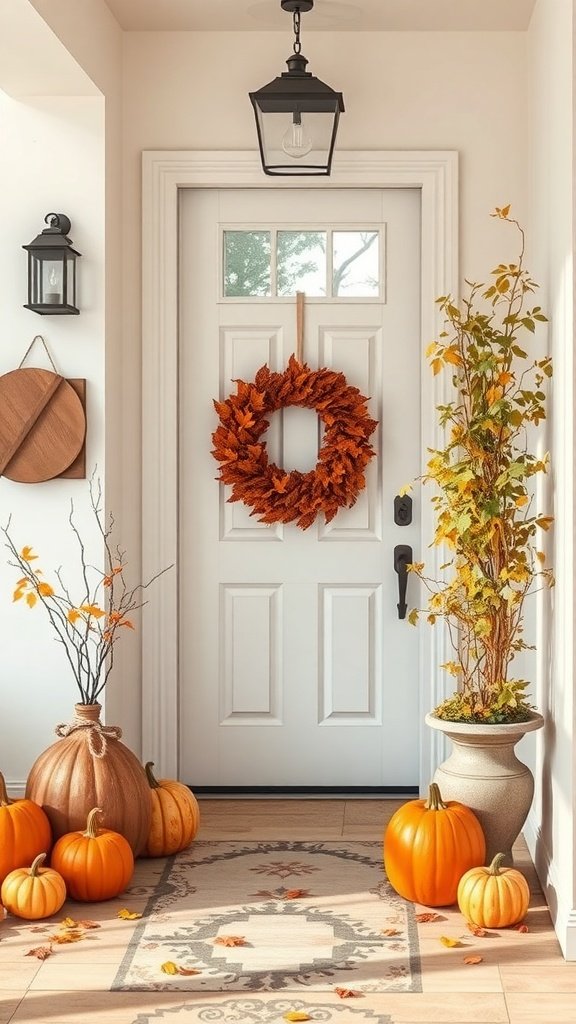A cozy entryway decorated for fall with a wreath, pumpkins, and autumn leaves.