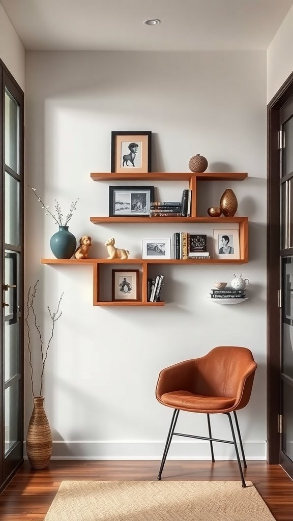 A stylish entryway featuring unique wooden wall shelves with decorative items and a cozy chair.