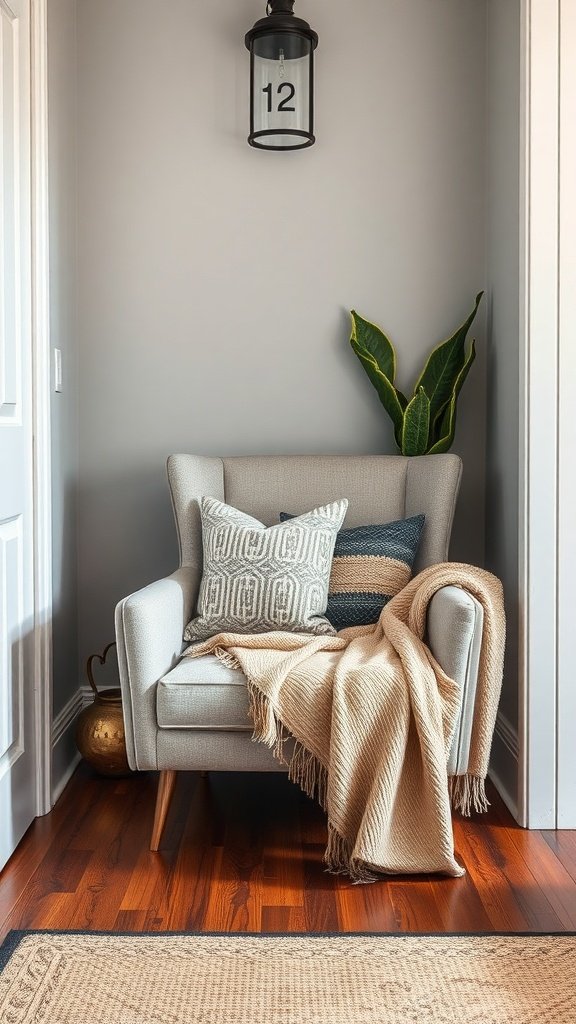 A cozy accent chair with pillows and a throw blanket in an entryway.