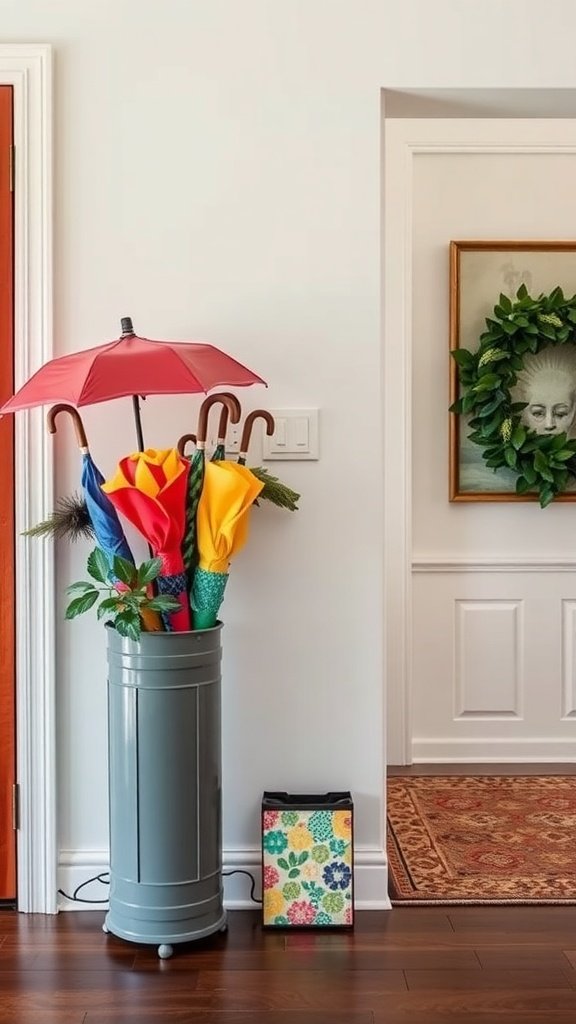 A stylish gray umbrella stand with colorful umbrellas in a bright entryway.