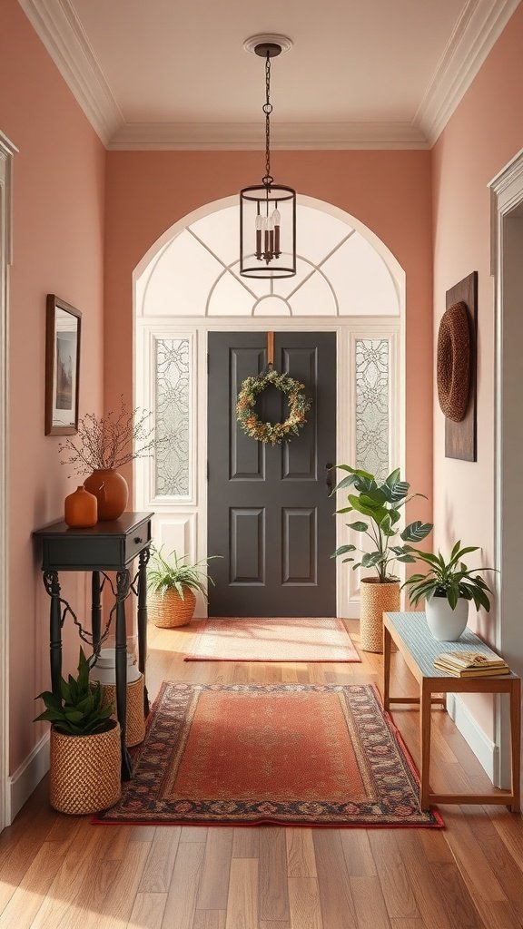 An inviting entryway with soft pink walls, a dark door, plants, and decorative rugs.