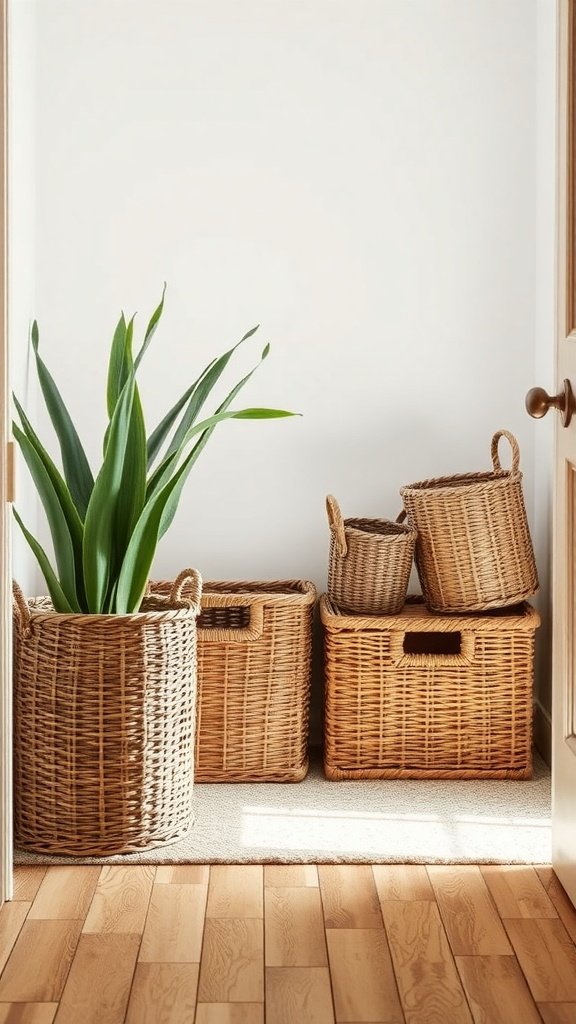 A collection of artisan crafted baskets in an entryway, featuring a large basket with a plant and smaller baskets stacked nearby.