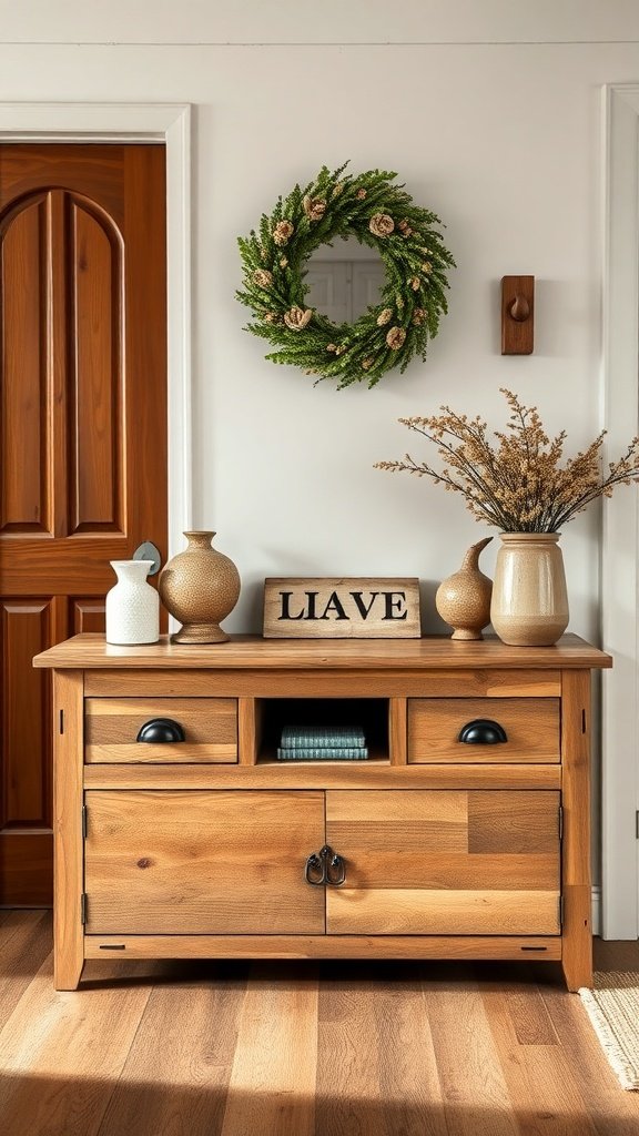 A rustic wooden console table with storage, decorated with vases and a sign.