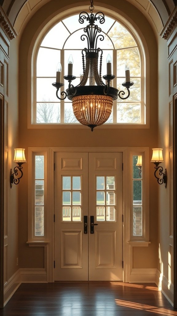 An elegant entryway featuring a large chandelier and wall sconces.
