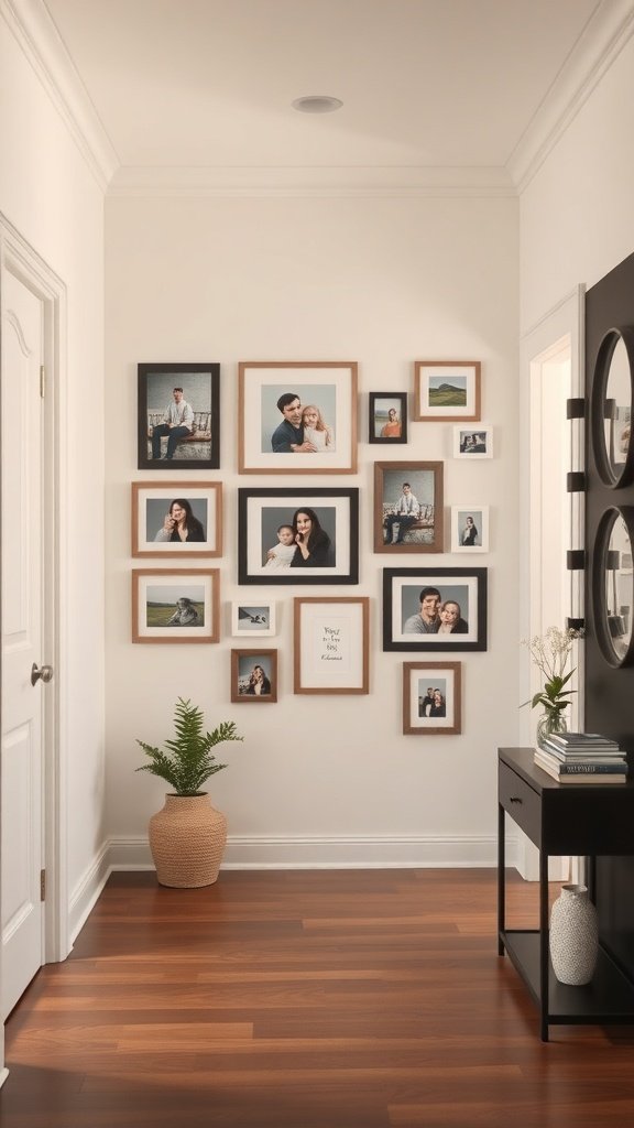 A stylish entryway featuring a gallery wall of family photos in various frames, complemented by a potted plant and a small table.