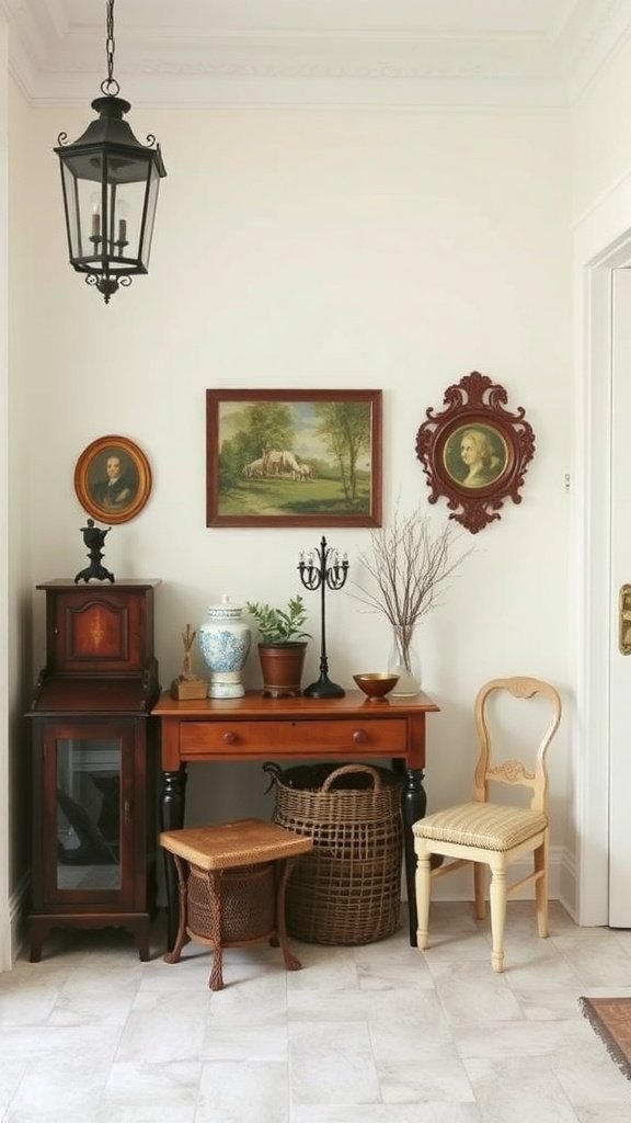 A vintage entryway featuring antique furniture, framed artwork, and decorative items.
