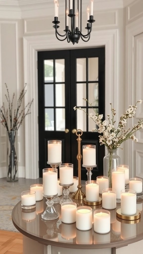 A collection of white scented candles on a table in an elegant entryway.