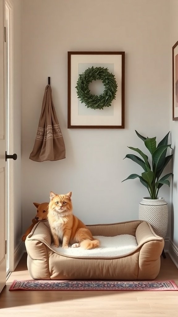 A stylish entryway featuring a cozy pet bed, a cat, and decorative elements.