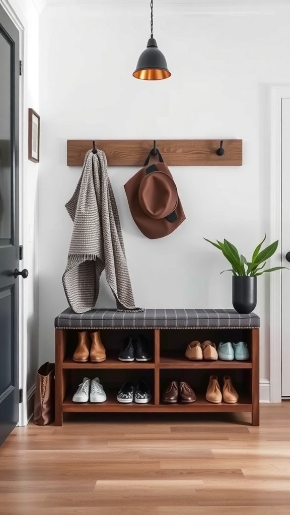A stylish storage bench in an entryway with shoes and accessories.