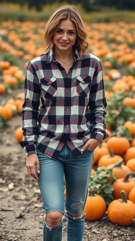 A person wearing a flannel shirt and distressed jeans in a pumpkin patch.