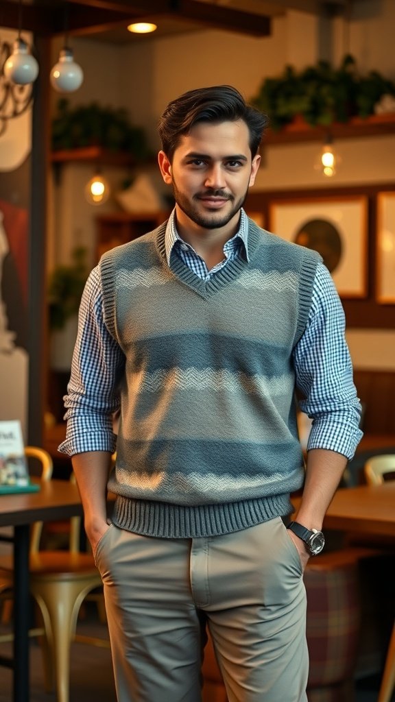 A man wearing a sweater vest over a button-up shirt, standing in a cozy cafe setting.