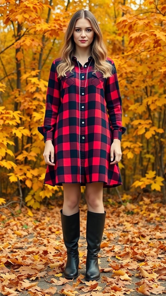 A woman in a plaid shirt dress and ankle boots standing in a fall setting with orange leaves.