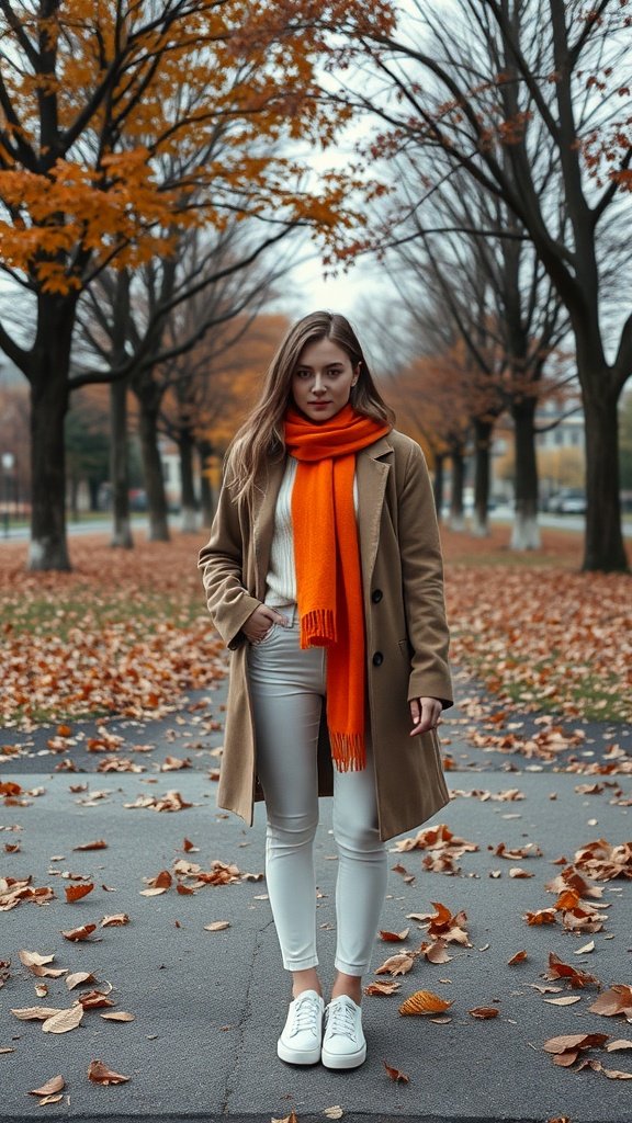 A woman in a beige coat and white jeans stands on a path covered with autumn leaves, wearing an orange scarf.