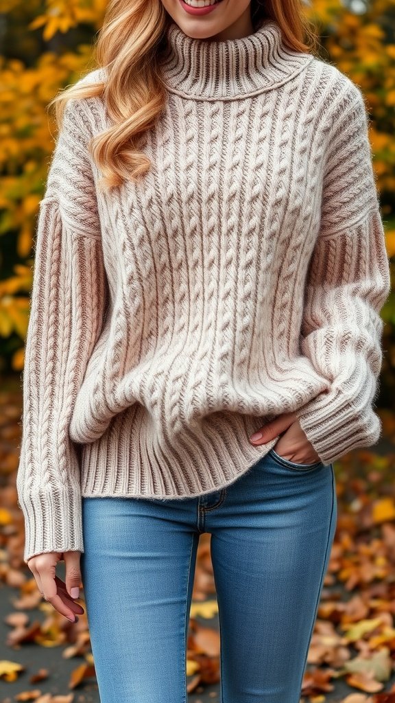 A person wearing a chunky knit sweater and denim jeans in a fall setting with colorful leaves.