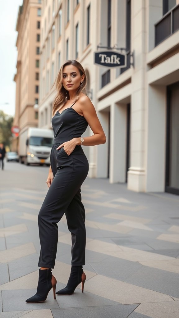 A stylish woman in a black jumpsuit and heeled booties poses on a city street.