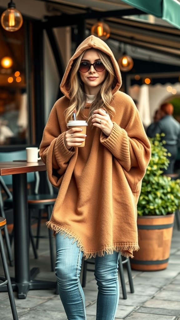 A woman wearing a black hooded poncho and fitted jeans, sitting at a café with a drink.