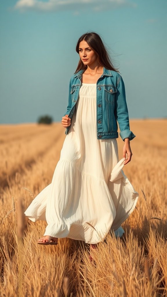 A woman walking in a field wearing a white maxi dress and a denim jacket.