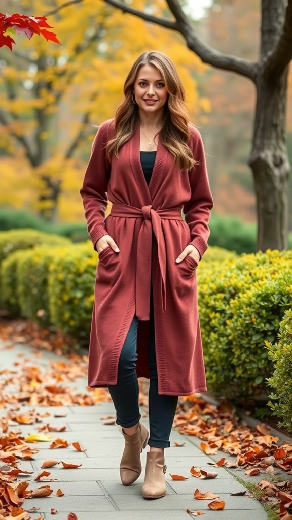 A person wearing a belted long cardigan and ankle pants, standing in a garden with autumn leaves.