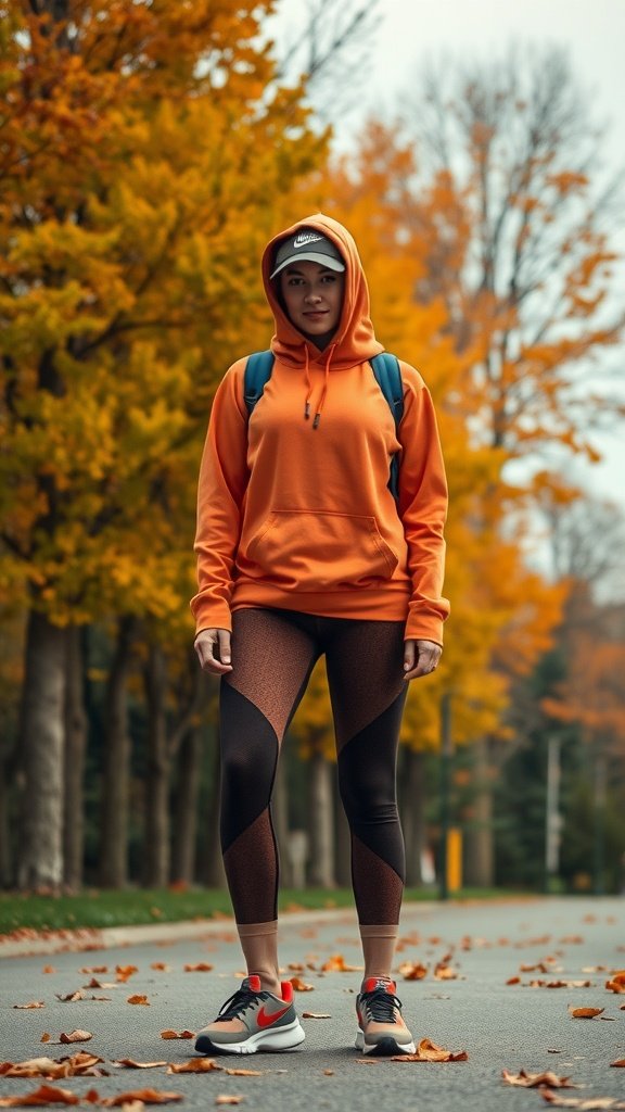 A person wearing an orange hoodie and patterned leggings, standing on a path surrounded by fall foliage.