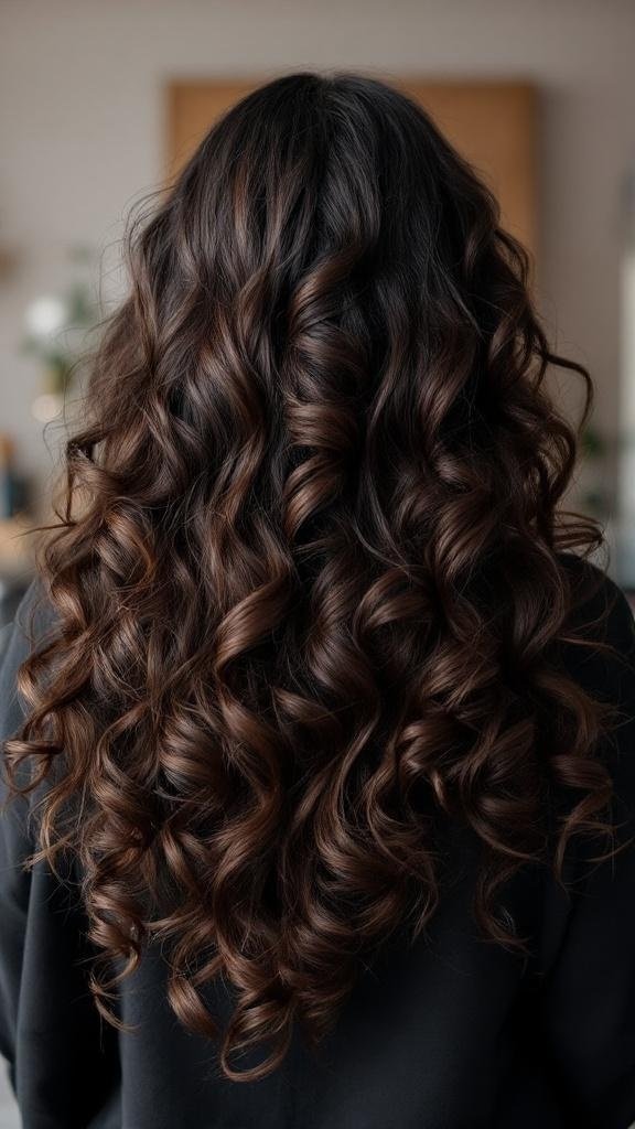 A person with long, curly hair styled with foam rollers.