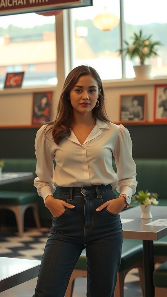 A woman wearing a vintage-inspired blouse and high-waisted jeans, standing in a cafe.