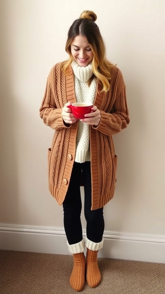 A person holding a warm drink while wearing a cozy cable knit cardigan and leggings.
