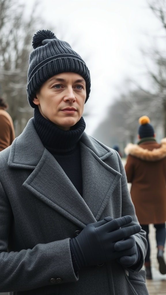 A person wearing a classic wool coat and turtleneck in a winter setting.