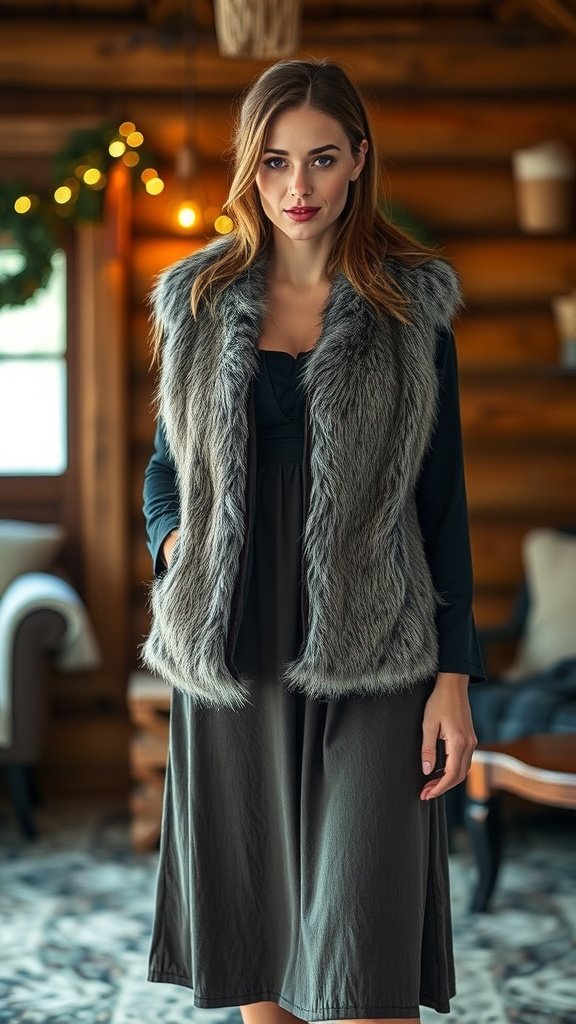 A woman wearing a faux fur vest over a long-sleeve dress, standing in a cozy indoor setting.