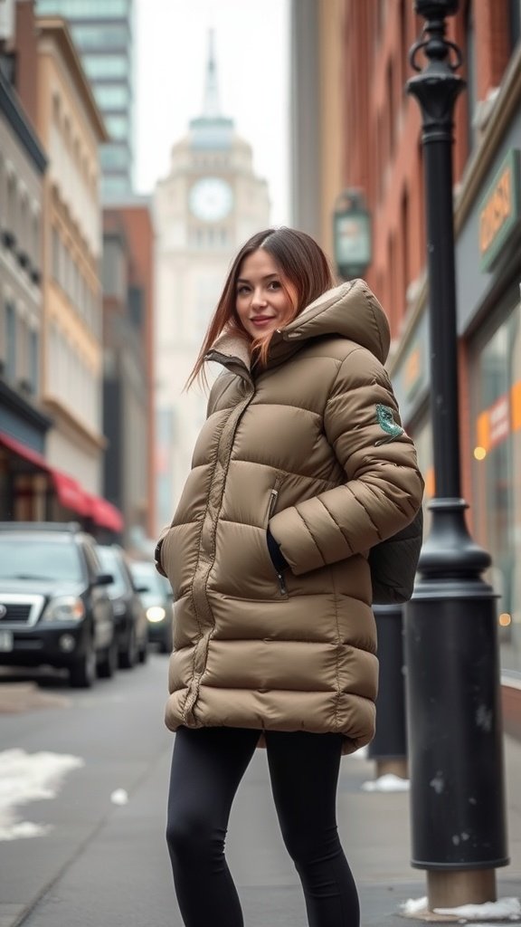 A woman wearing a chic puffer jacket and fleece leggings in an urban setting.