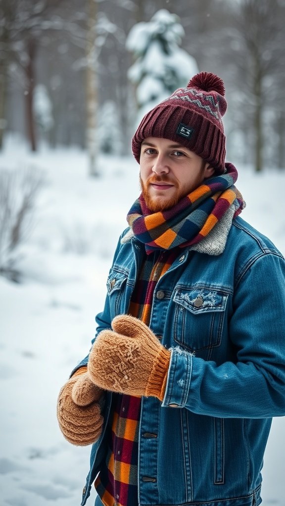 A person wearing a plaid shirt and denim jacket in a snowy outdoor setting.