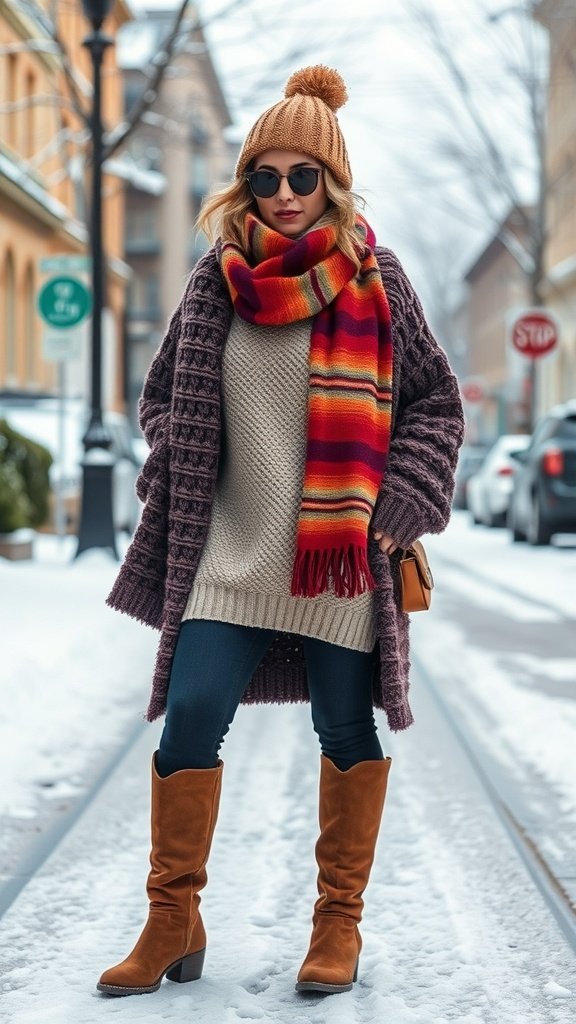 A woman wearing a layered sweater and a colorful scarf in a snowy street.