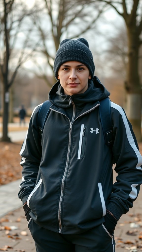 Person wearing a sporty tracksuit with a beanie and backpack in a winter setting.
