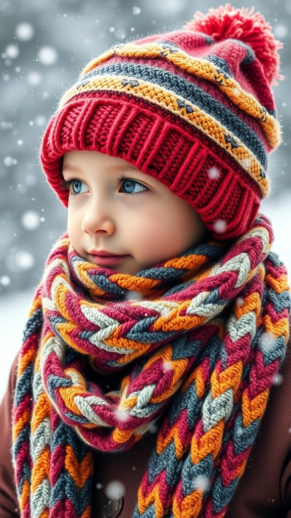 A child wearing a colorful chunky knit beanie and a vibrant scarf in a snowy setting.