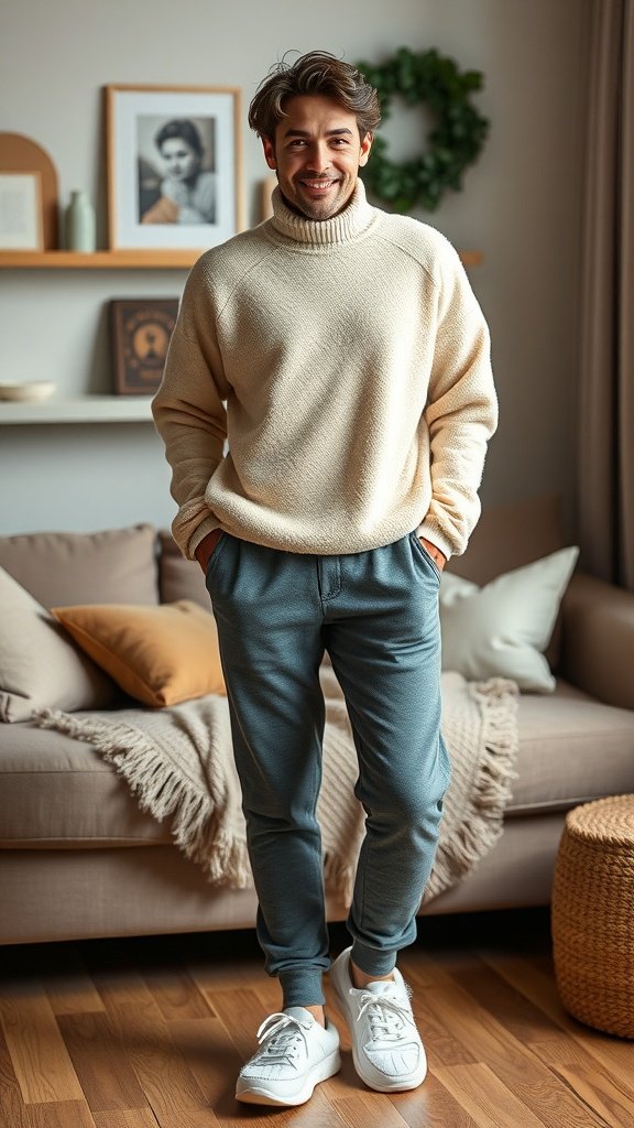 Cozy fleece pullover and joggers outfit with fuzzy slippers.