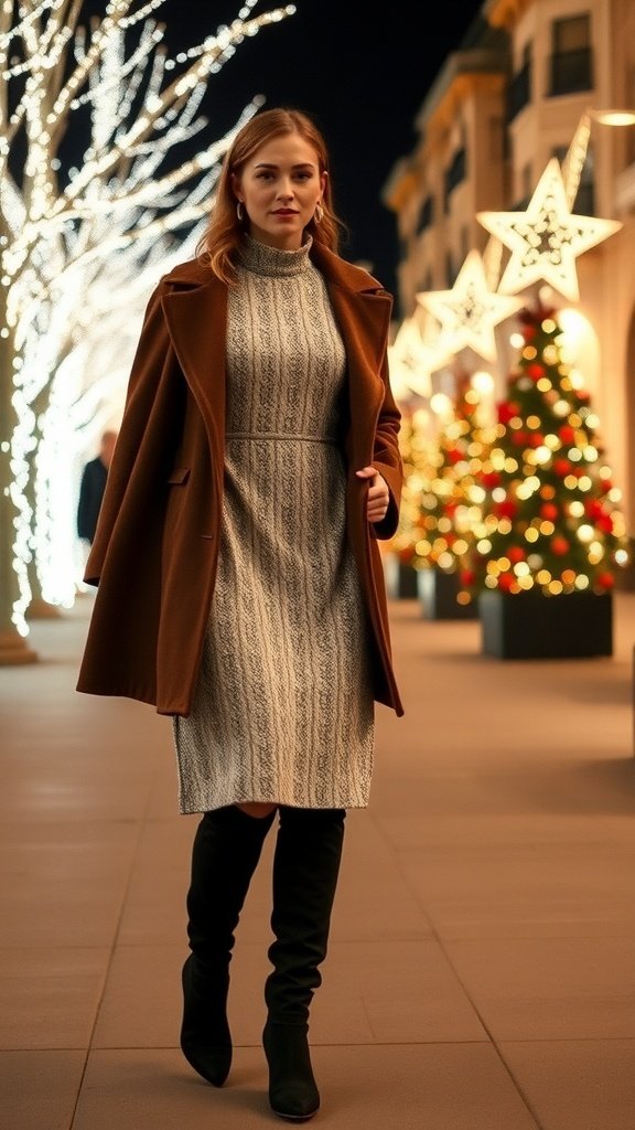 A woman wearing a midi dress and knee-high boots, walking in a festive outdoor setting with holiday lights.