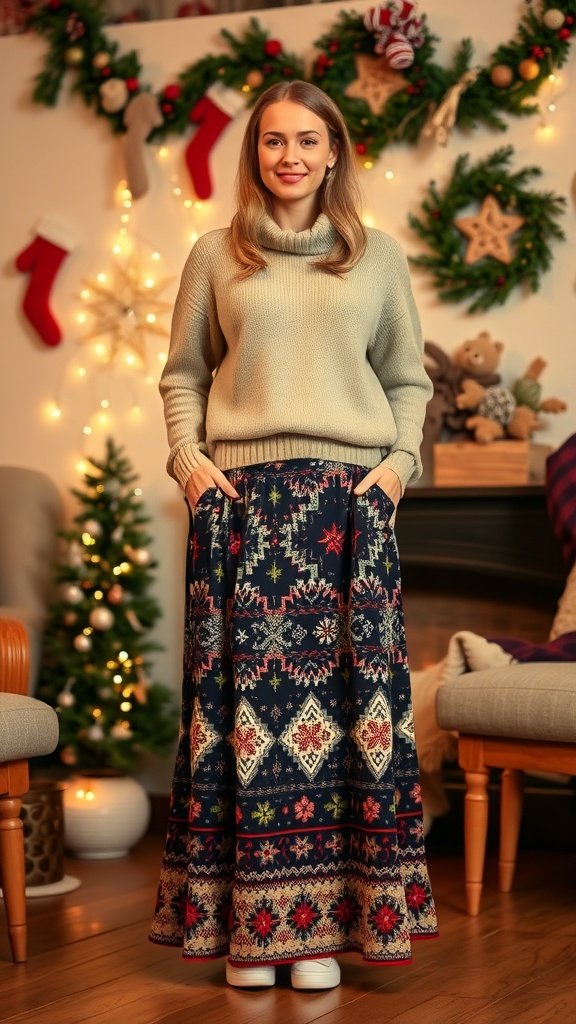 A woman wearing a cozy sweater and a printed maxi skirt, standing in a festive room decorated for winter.
