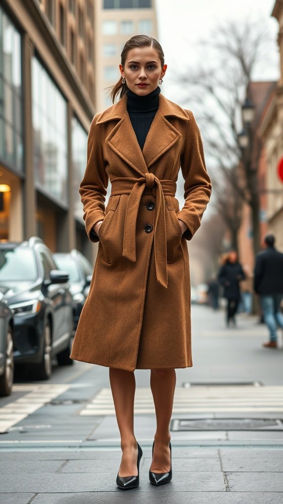 Belted wool blend coat with heels displayed on a mannequin in a city street.