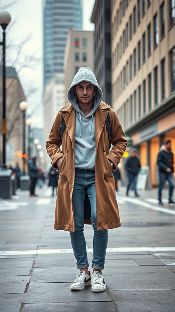 A person wearing a hoodie and long coat in a city setting.
