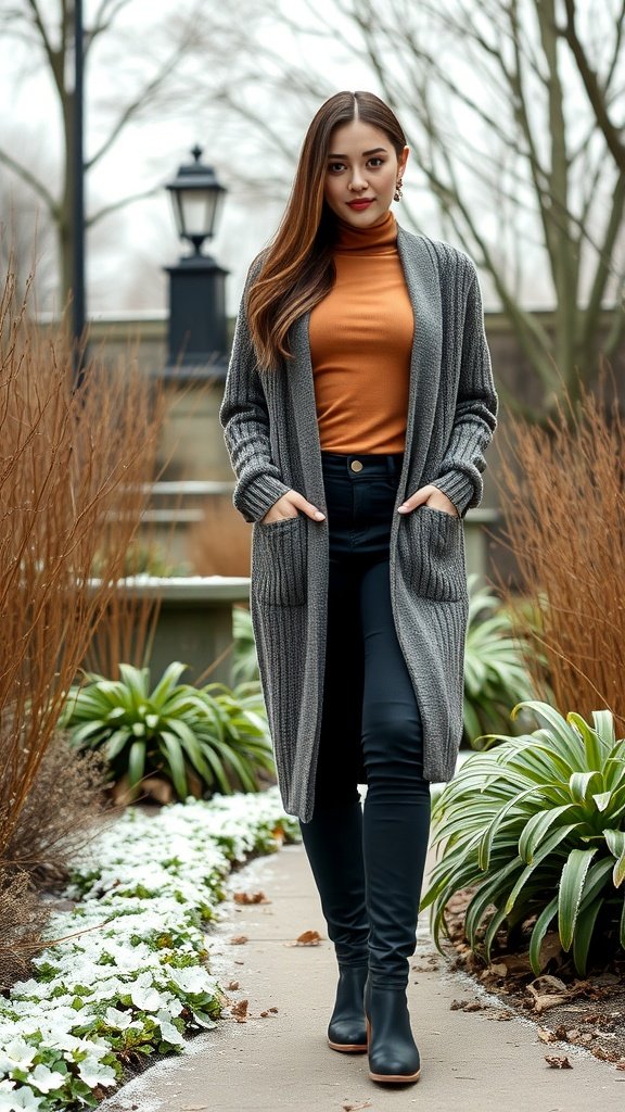 A woman wearing a long gray cardigan over an orange turtleneck, black pants, and boots, walking on a path surrounded by plants.