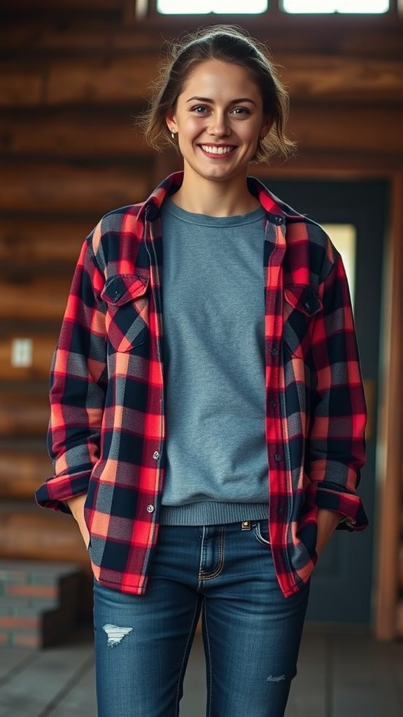 A woman wearing a red and black flannel shirt over a gray thermal top, smiling in a cozy setting.