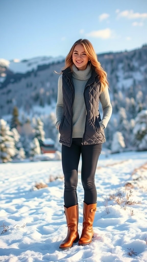 A person wearing a quilted vest, long sleeve top, and winter boots in a snowy landscape.