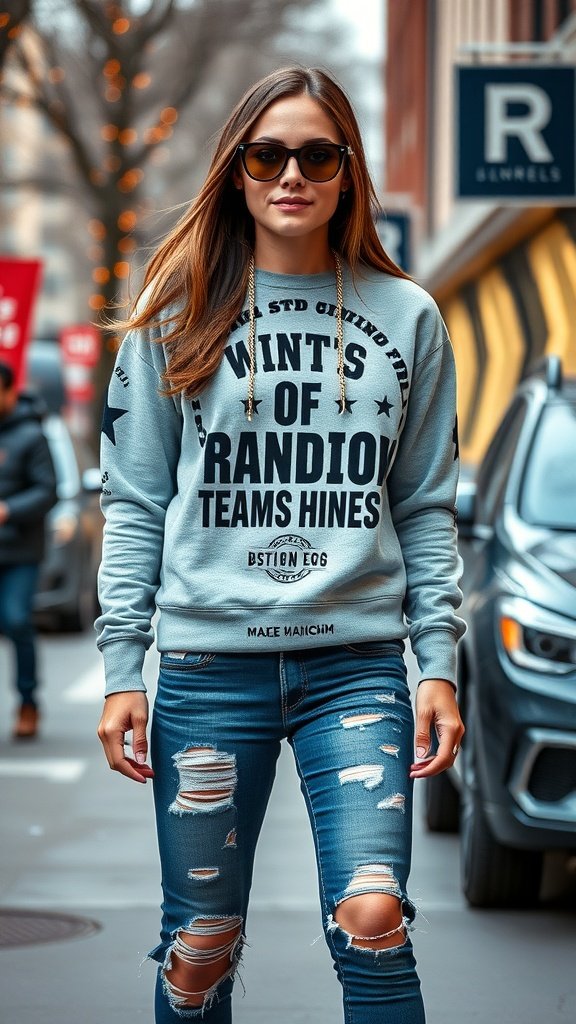 A person wearing a graphic sweatshirt and distressed jeans, standing on a city street.