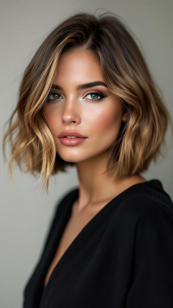 A woman with a chic bob hairstyle featuring subtle waves, showcasing a fresh and stylish look.