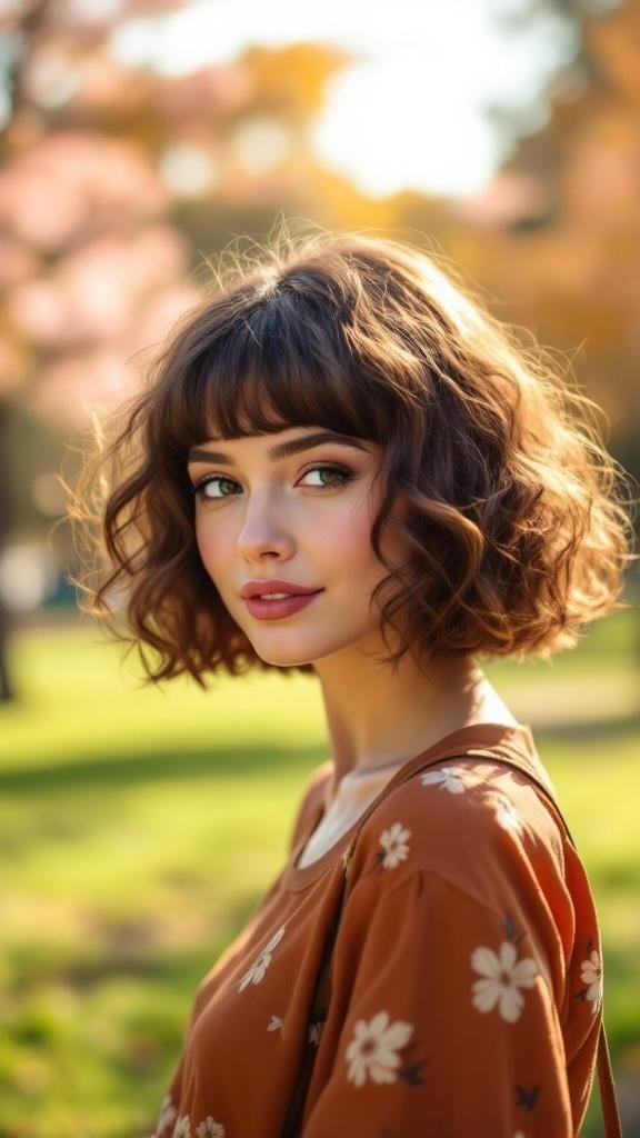 A woman with a curly bob hairstyle and bangs, wearing a floral top, standing outdoors.