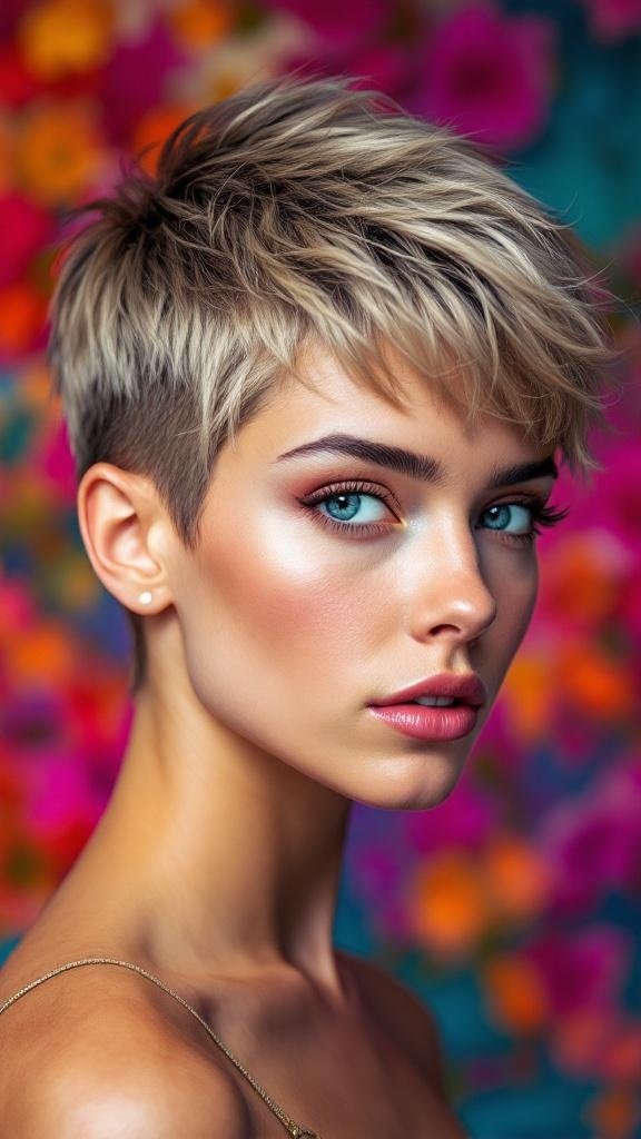 A woman with a textured pixie cut, showcasing a stylish and modern hairstyle.